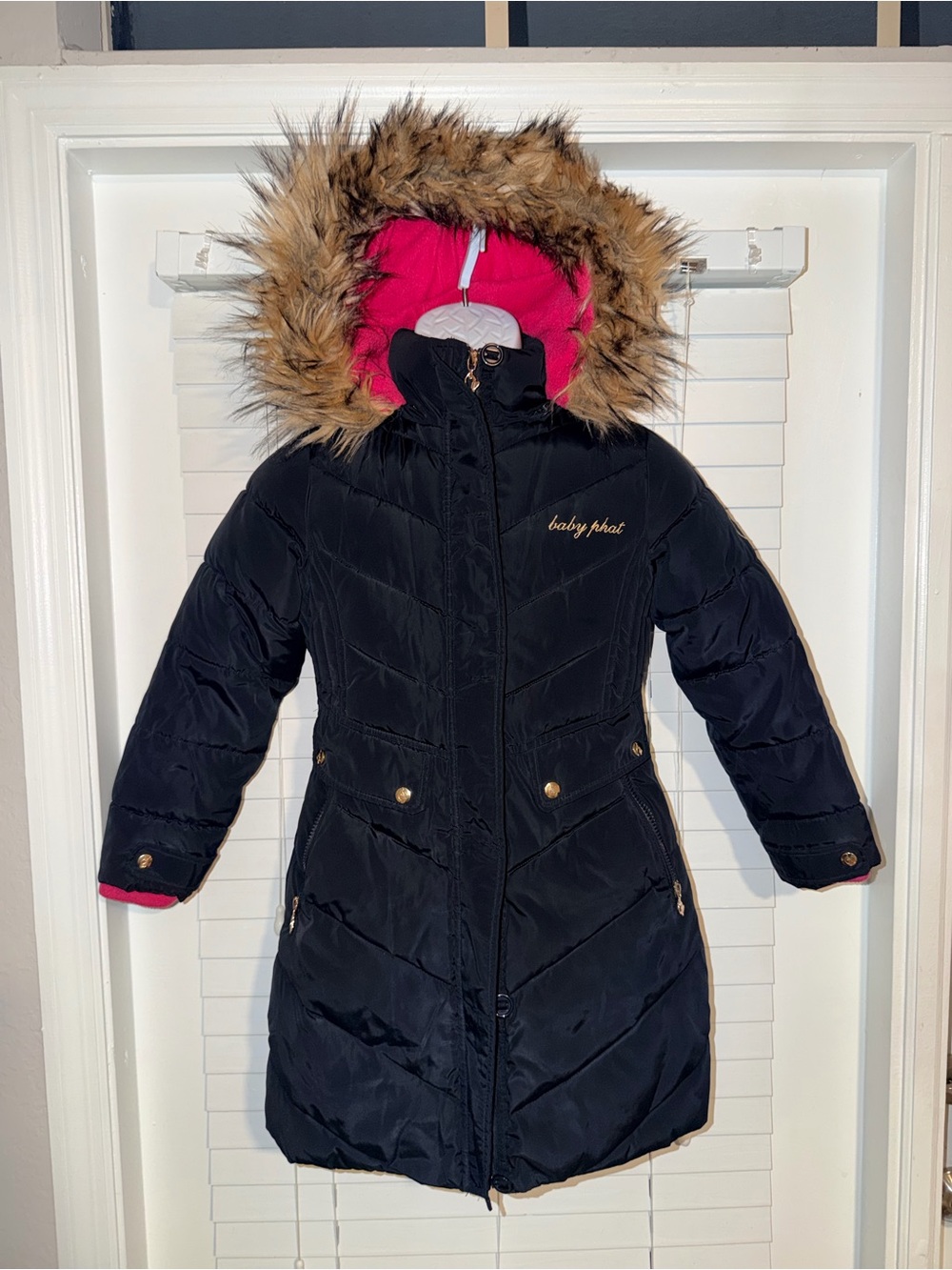 Baby Phat Women’s Black Puffer Coat Faux Fur Hood Pink Lined Size S